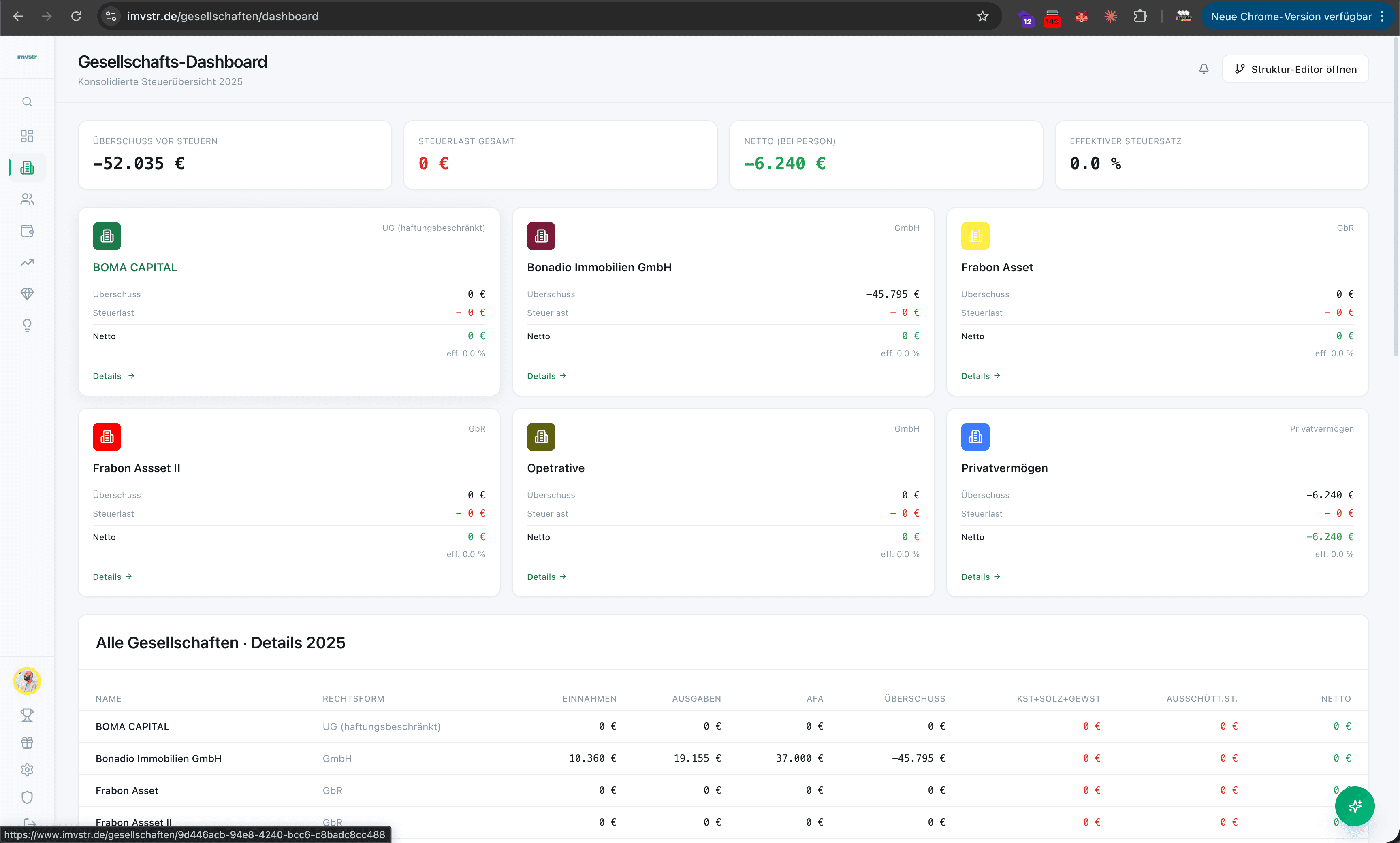 Konsolidiertes Steuer-Dashboard mit KPIs je Gesellschaft und Jahresdetails